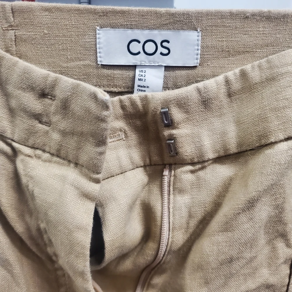 Cos Neutral Beige Linen Blend Pleat Front Straight Wide Leg Trousers Size 2